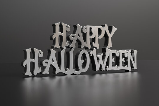 3D Render Halloween text realistic metal font. Shiny metallic letters with shadows, chrome text and metals alphabet on black background with clipping path.