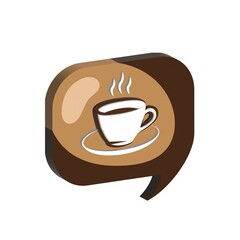 Realistic coffee cup. 3d speech bubble with coffee cup. Cafe invitation. 3d illustration of a cup of coffee. White cup of coffee with smoke, side view, cappuccino, americano, espresso, mocha, latte