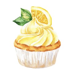 Lemon yellow cupcake on white background. Watercolor food illustration.
