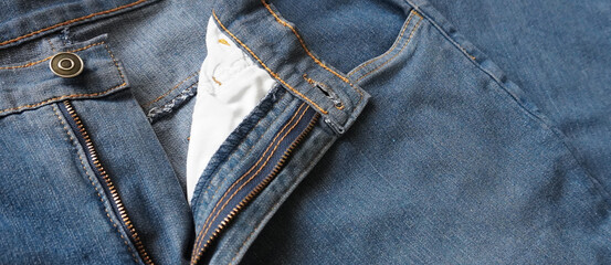 Unbuttoned denim jeans banner with copy space