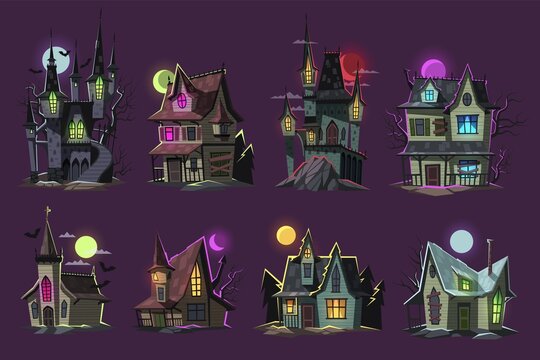 Cartoon Horror House Set. Scary Haunted Buildings, Ghosted Halloween Creepy Castles, Gothic Spooky Homes, Mysterious Moonlight In Forest, Dark Mystery Witch Architecture, Tidy Vector Set