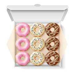 Donuts box. Realistic sweet pastries with different types glazes and sprinkles in cardboard package, caloric fast food. Vanilla, strawberry and chocolate 3d elements, utter vector concept