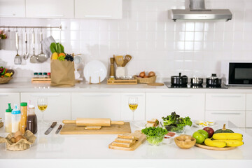 Prepared ingredient food to make sandwich and salad in kitchen