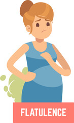 Flatulence symptom. Sad pregnant woman suffer from belly gas