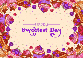 Naklejka premium Happy sweetest day. Frame of appetizing muffins and cakes with chocolate, berries and caramel. Modern bright sketch style vector illustration. For postcard, menu, pastry shop, invitation, poster.