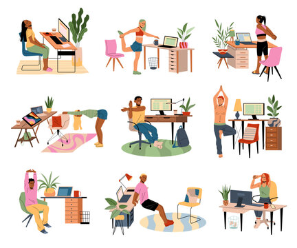 Office exercises. Workplace stretching, employee kneads muscles, healthy corporate warmup, happy freelancers do sports, fitness and relaxing, active lifestyle, tidy vector cartoon flat set