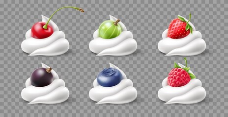 Realistic berries cream. Natural milk desserts, fresh berries, whipped cream, yogurt and fruits, raw blueberry and cherry, strawberry and raspberry, currant and gooseberry, utter vector set