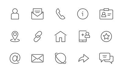 Contact, address line icon set. Mail, telephone adress, message symbol for website button. Editable stroke thin line design icon set. Vector illustration. © Polina Tomtosova