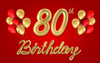 3d golden 80 years birthday celebration with star background. 3d illustration.