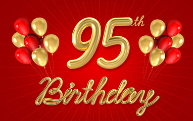 3d golden 95 years birthday celebration with star background. 3d illustration.