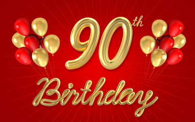 3d golden 90 years birthday celebration with star background. 3d illustration.
