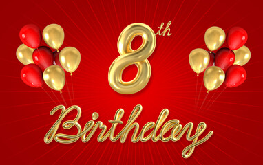 3d golden 8 years birthday celebration with star background. 3d illustration.