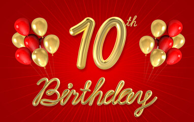 3d golden 10 years birthday celebration with star background. 3d illustration.