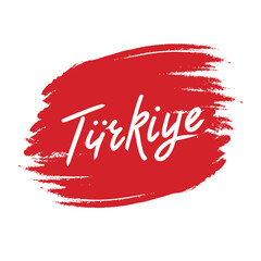 Turkiye, Vector hand lettering illustration. White calligraphy letters on the red textured pastel background. Turkey logo for emblem brochure banner sticker social media travel blog