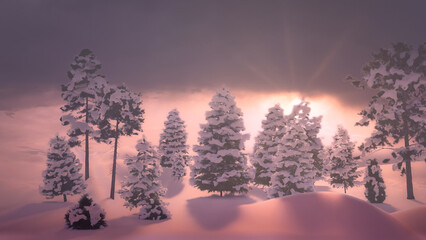 New Year background with winter snow-covered Christmas trees and snowdrifts early morning gentle light 3d illustration