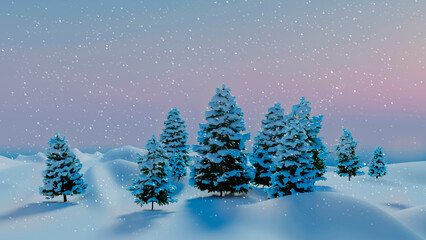 New Year background with winter snow-covered Christmas trees and snowdrifts early morning dark snow falls. 3d illustration