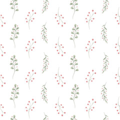 Seamless floral pattern with watercolor leaf branches and berries isolated.