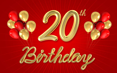 3d golden 20 years birthday celebration with star background. 3d illustration.