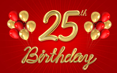 3d golden 25 years birthday celebration with star background. 3d illustration.