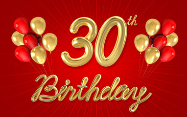 3d golden 30 years birthday celebration with star background. 3d illustration.