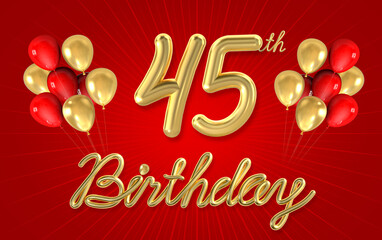 3d golden 45 years birthday celebration with star background. 3d illustration.