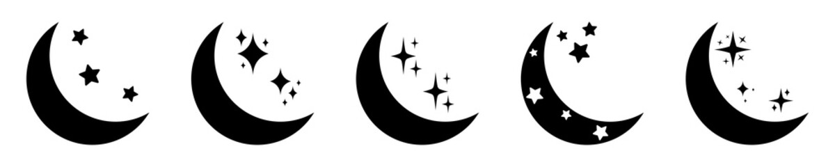 Fototapeta premium Set of Moon with stars vector icons. Half Moon and stars in night sky on white background. Symbol night and evening. Vector 10 EPS.
