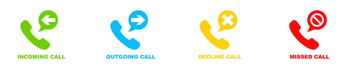 Call phone : incoming, outgoing, decline and missed. Phone sign. Vector set.
