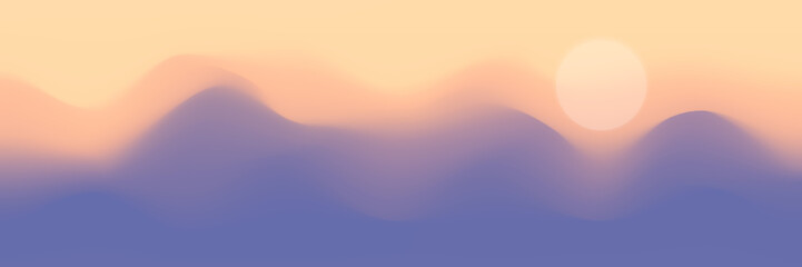 Mountain panoramic view, abstract stylization, sunset light and sun, vector illustration