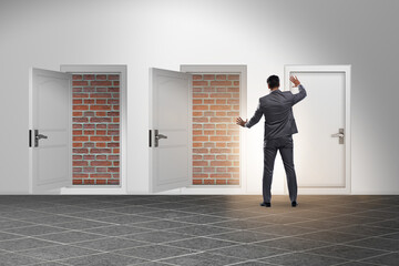 Businessman facing no exit with brick door