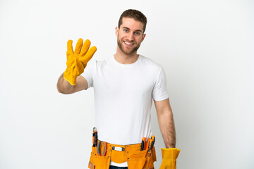 Young electrician man over isolated white wall happy and counting four with fingers