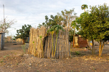An open-air reed and straw latrine