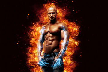 Fototapeta na wymiar Brutal strong athletic Bodybuilder posing. Fire and spark explosion in the background.