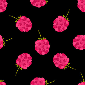 Seamless pattern with illustration of raspberry on a black background