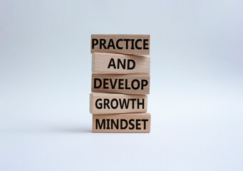 Practice and Develop growth mindset symbol. Wooden blocks with words Practice and Develop growth mindset. Beautiful white background. Business concept. Copy space