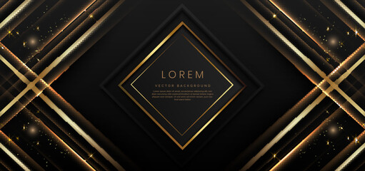 Abstract elegant gold lines diagonal on black background with lighting effect. Luxury square frame with copy space for text.