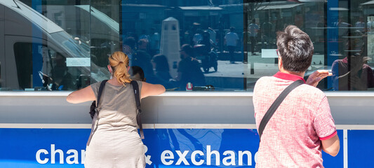 currency exchange shop, front view.