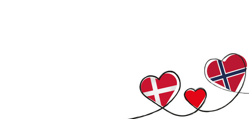 Drei Herzen in den Länderfarben von Dänemark und Norwegen