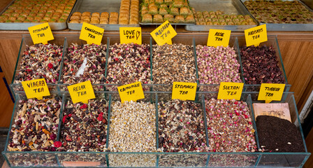 dried herbal teas in the market place, top view