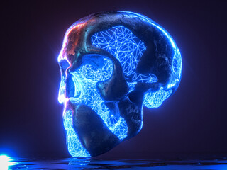 3d illustration of horror glowing futuristic abstract skeleton skull with glowing colors and metallic shiny surface in a dark fantasy environment with wet floor with blue and purple colors