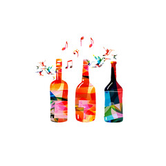  Colorful glass bottles with musical notes vector illustration. Party flyer, wine tasting event, wine festival, celebrations, restaurant poster. Wine drink design for invitation card, menu, promotion	
