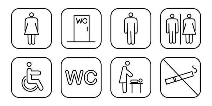 Set toilet navigation icons. Wayfinding wc female male for disabled and mother and child room. Vector illustration