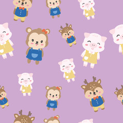 Cute animals seamless pattern on violet background