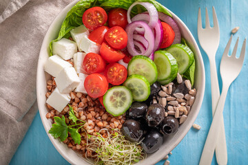 Fit Greek salad in the fit version with buckwheat groats.