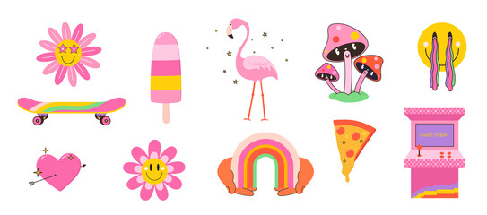 Set of cartoon characters and objects in retro style, flamingos, rainbow smiley, slot machine vintage, skateboarding, funny mushrooms, pizza, heart with arrow.