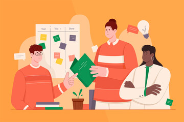 Work collaboration and business idea discussion of employees team vector illustration. Cartoon colleagues characters meeting and thinking together, opinion exchange and brainstorm teamwork on workshop