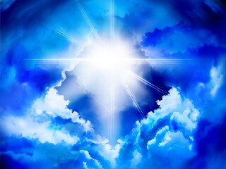 Heavenly landscape illustration with white clouds drifting in the beautiful blue sky and light pouring down through the gaps in the clouds that look like diamond shapes.