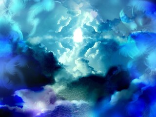 Illustration depicting a scene of mysterious feathers fluttering down from the heavens, an entrance to heaven seen through a gap in the clouds, and divine light shining through. 