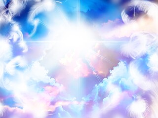 Clip art of scenery: white clouds drifting in a beautiful blue sky and white angel wings falling from the sky to form like a heart shape.