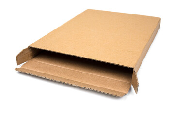 Very narrow cardboard box on a white