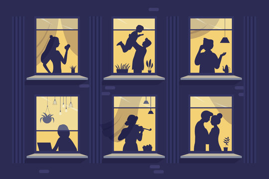 Windows of home apartments with silhouettes of people neighbours behind curtains vector illustration. Cartoon life scenes of female male characters spend time at evening in frame of building exterior